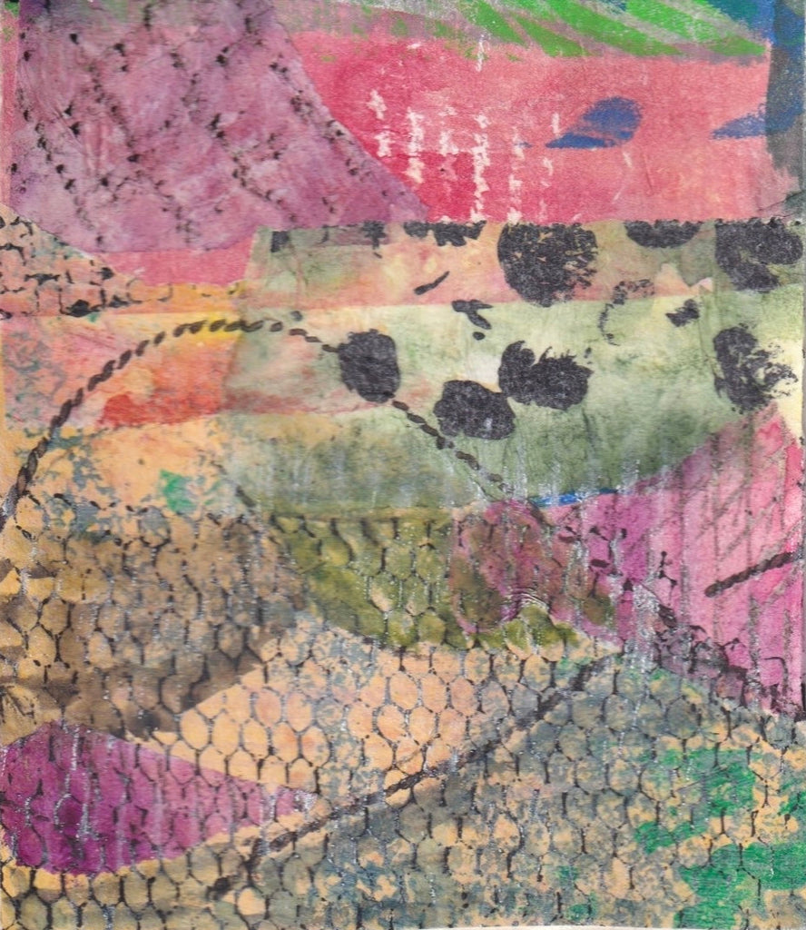 Found Landscape 7 by Michele Wyckoff Smith. Brightly layered collage with overall pink tones. Ink, watercolor, color pencils, graphite and acrylic ink.
