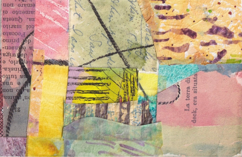 Michele Wyckoff Smith's collage Found Landscape 4. Includes found papers painted with watercolor print, color pencil, and crayon