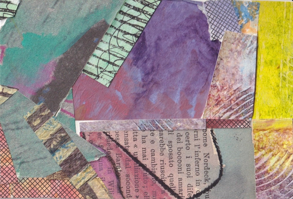 Found Landscape 3 by Michele Wyckoff Smith. Watercolor, printed papers, paste papers and found papers as a collage. 2025