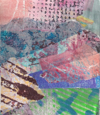 Collage of watercolor, ink, acrylic paint and color pencil on paper. Found Landscape 6 by Michele Wyckoff Smith