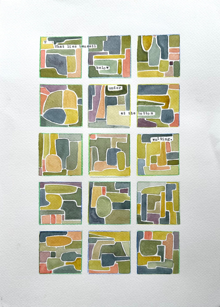 What Lies Beneath, The Hurst - watercolor with typewriter type. Muted color palette. Michele Wyckoff Smith 2025 Home of John Osborne