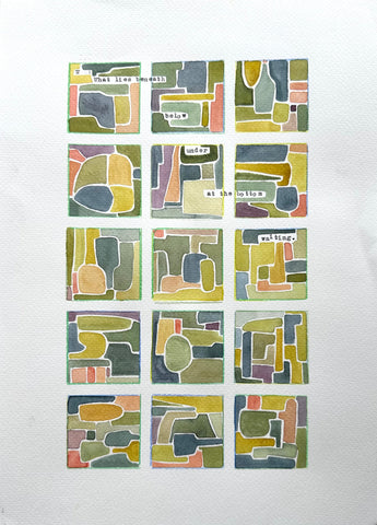 What Lies Beneath, The Hurst - watercolor with typewriter type. Muted color palette. Michele Wyckoff Smith 2025 Home of John Osborne