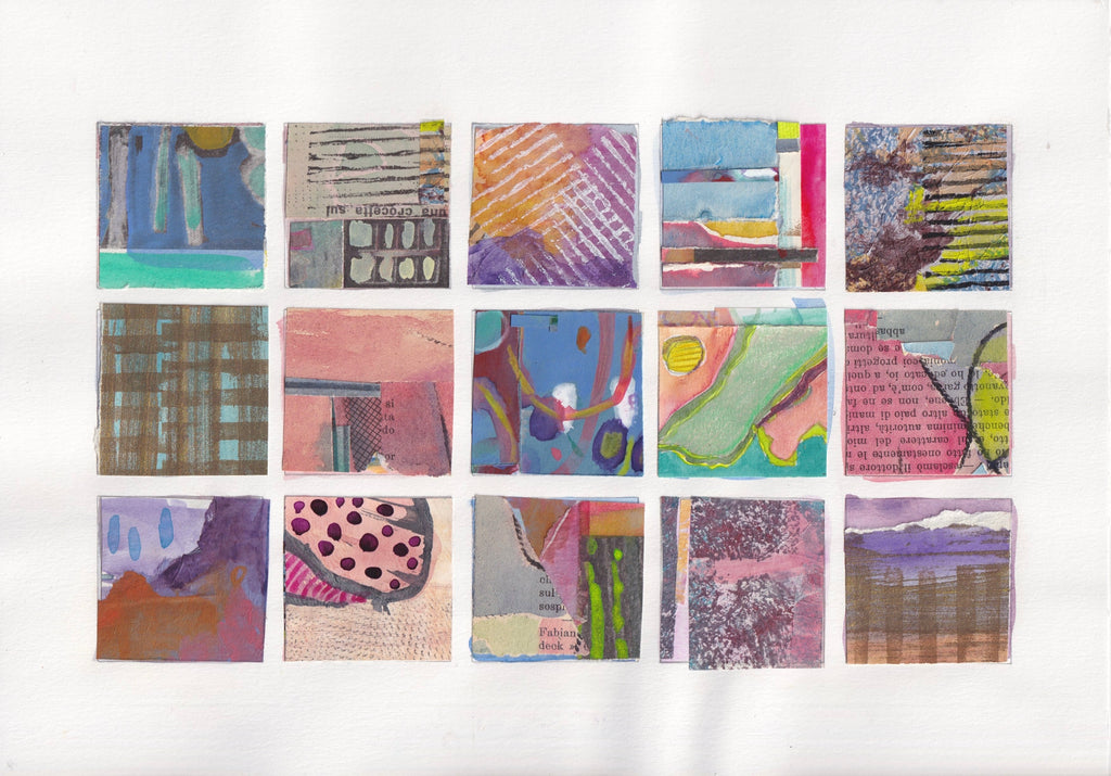 Memory of Landscape: Fields, brightly painted and collaged thumbnails sketches by Michele Wyckoff Smith