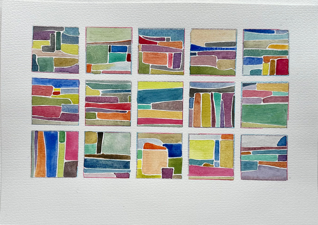 Memory of Landscape: California 1 by Michele Wyckoff Smith. Watercolor shapes in bright colors thinking about Pacific Palisades from childhood memories.