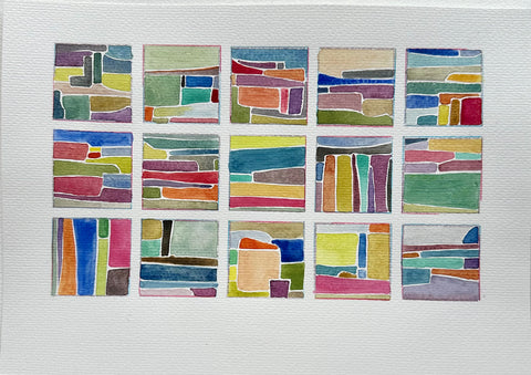 Memory of Landscape: California 1 by Michele Wyckoff Smith. Watercolor shapes in bright colors thinking about Pacific Palisades from childhood memories.