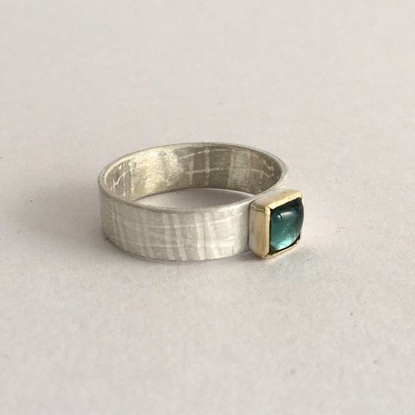 Blue Green Tourmaline Textured Silver Ring