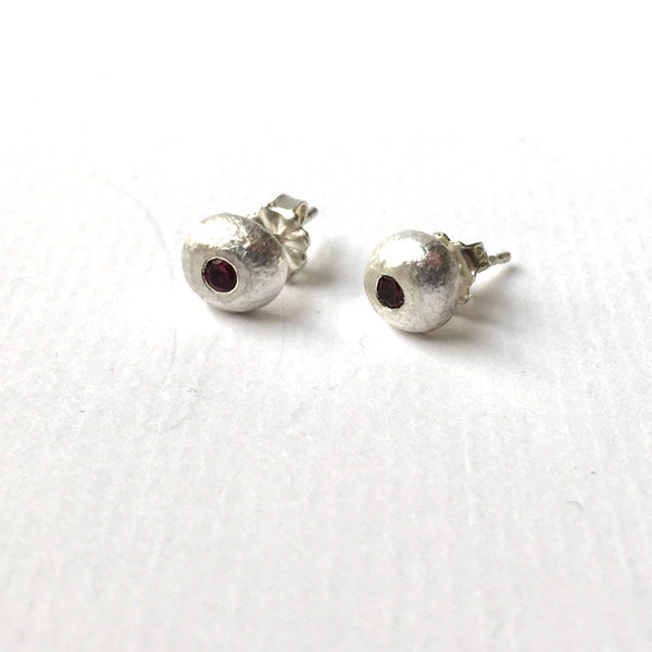 2.5 mm flush set Rhodolite red garnet recycled silver ball earrings by Michele Wyckoff Smith