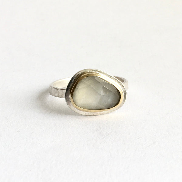 Pale grey faceted moonstone set in 18 ct gold on a silver ring - www.wyckoffsmith.com 