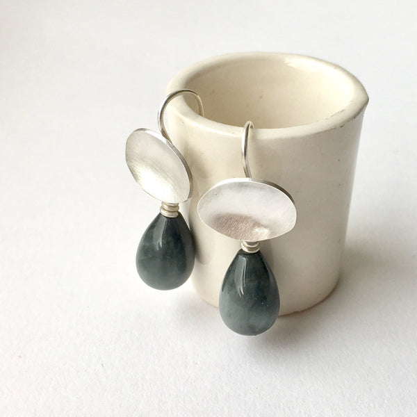 Oval dangle grey toads eye earrings by Michele Wyckoff Smith Jewellery.