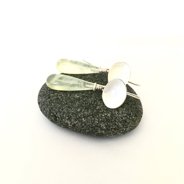 Removable elongated teardrop shape prehnite on dangle earrings on www.wyckoffsmith.com