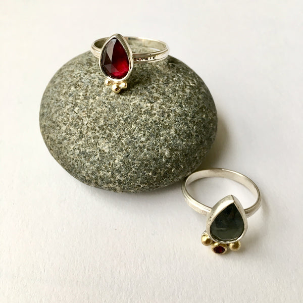Garnet and Sapphire with rhodolite rings by Michele Wyckoff Smith