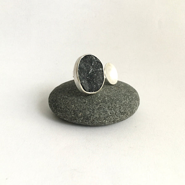 Druzy and silver adjustable open ring on pebble - www.wyckoffsmith.com