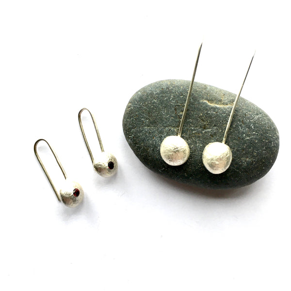 Flush set 2.5 mm red garnet (option 2) or plain recycled silver ball dangle earrings by Michele Wyckoff Smith www.wyckoffsmith.com