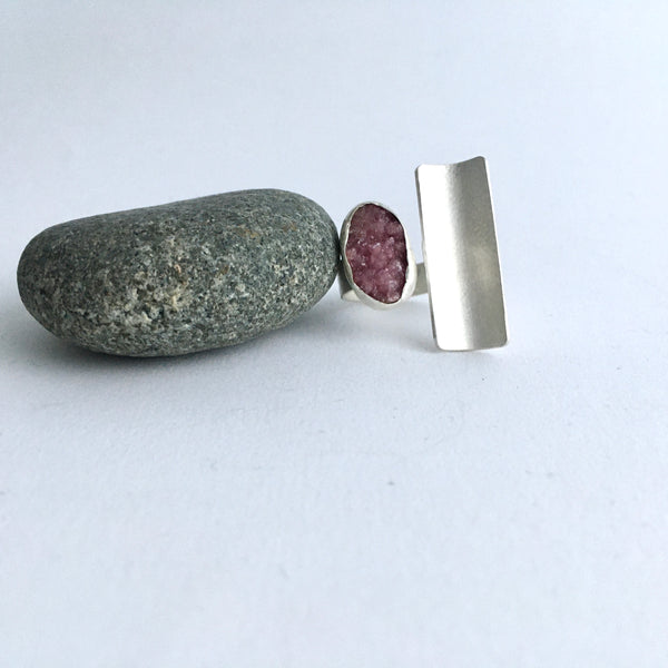 Pink Druzy Adjustable Silver Ring