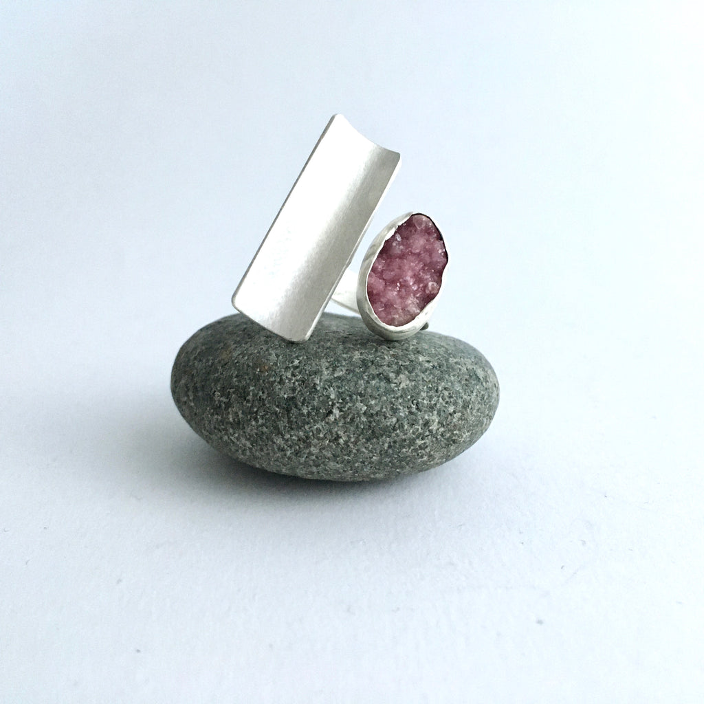 Pink Druzy Adjustable Silver Ring