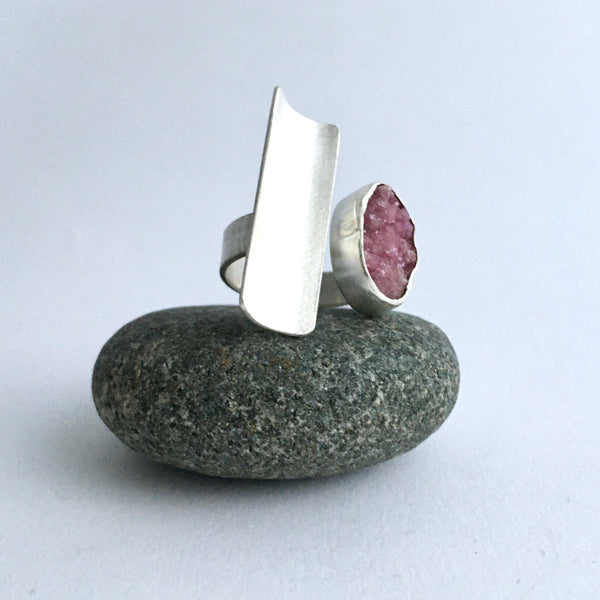 Pink Druzy Adjustable Silver Ring