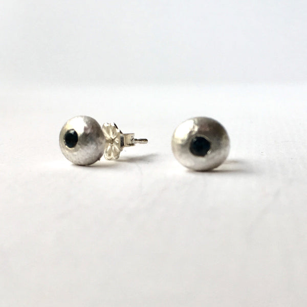 2.5 mm flush set green tourmaline (Option 3) gemstones in recycled silver ball earrings by Michele Wyckoff Smith
