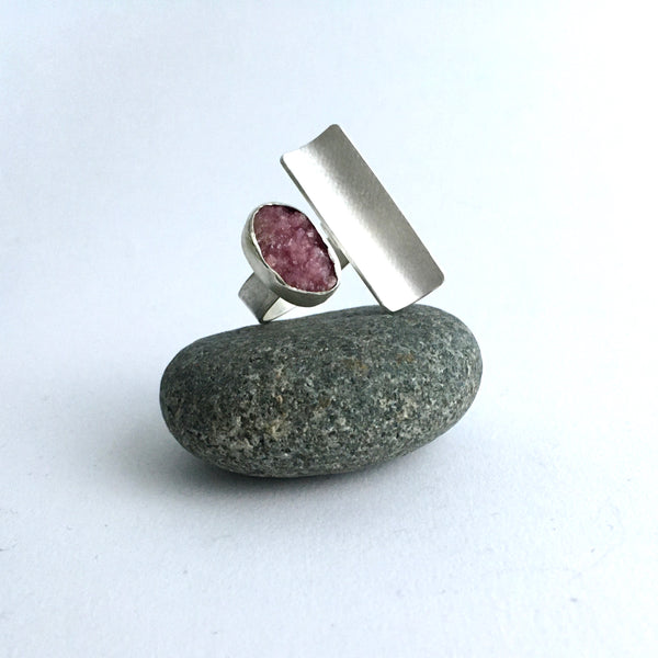 Pink Druzy Adjustable Silver Ring