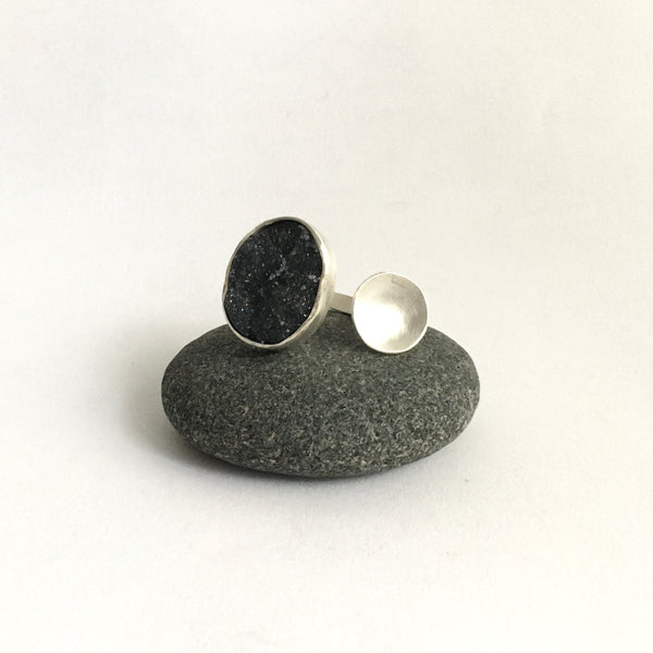 Large oval black druzy and domed circle adjustable ring on pebble - www.wyckoffsmith.com