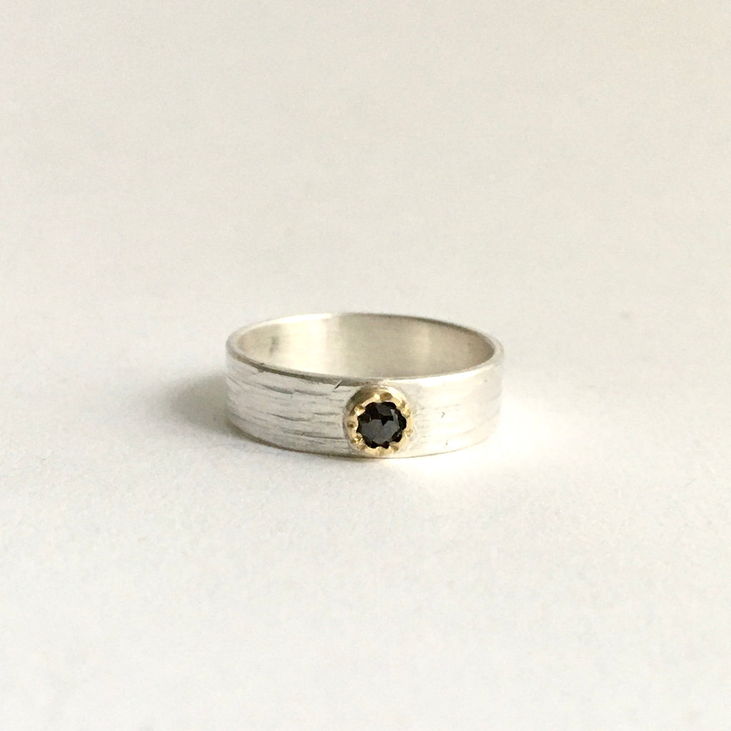 Cognac rose cut diamond set in 18 ct gold hammer setting on wide silver band - www.wyckoffsmith.com