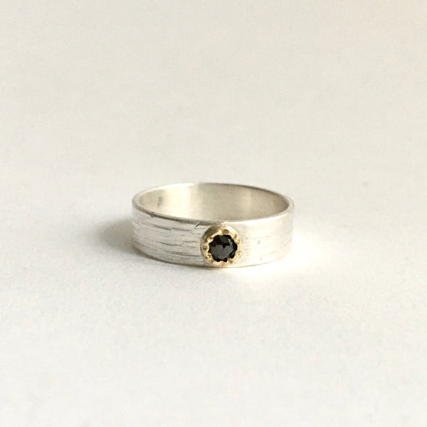 Cognac rose cut diamond set in 18 ct gold hammer setting on wide silver band - www.wyckoffsmith.com