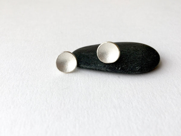 Organic shaped round concave stud silver earrings