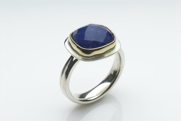 Square Faceted Lapis Lazuli Gold and Silver Platform Ring