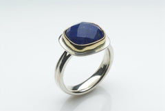 Square Faceted Lapis Lazuli Gold and Silver Platform Ring