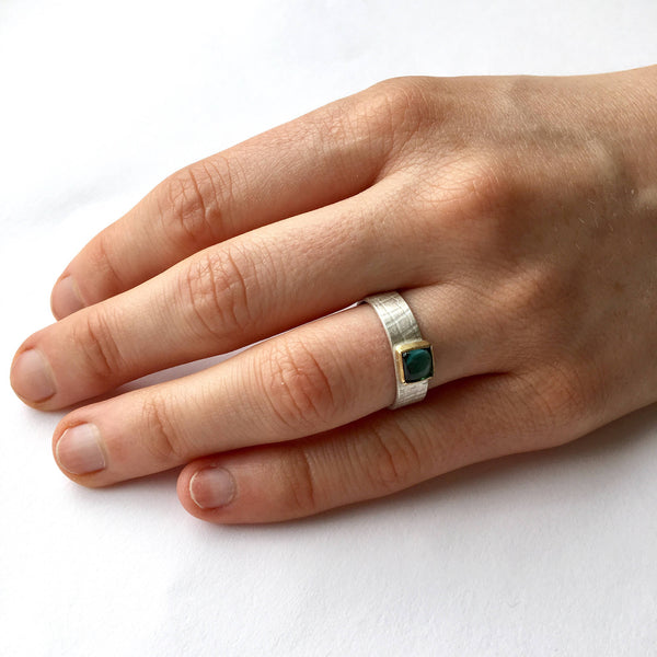 Blue Green Tourmaline Textured Silver Ring