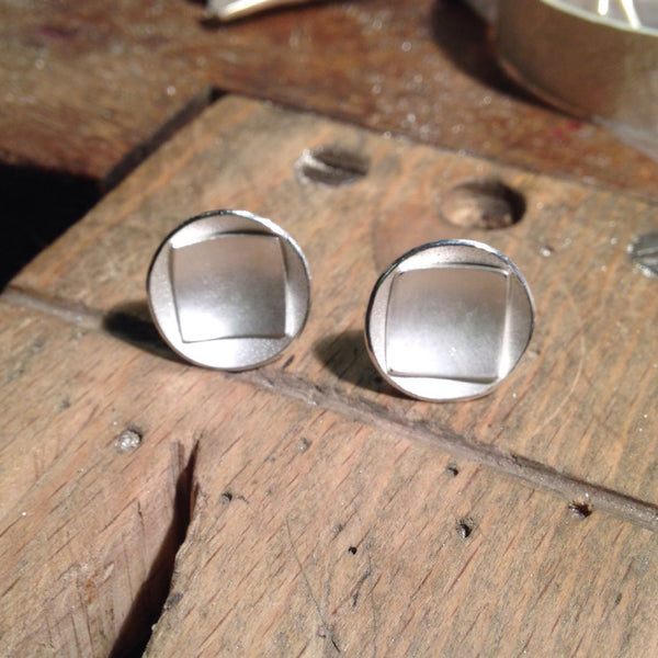 Square in Circle Silver Stud Earrings