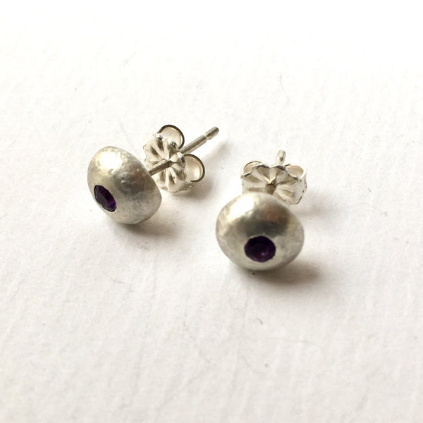 2.5 mm flush set purple amethyst gemstones in recycled silver ball earrings by Michele Wyckoff Smith