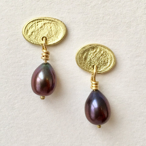 Gold oval and purple pearl earrings