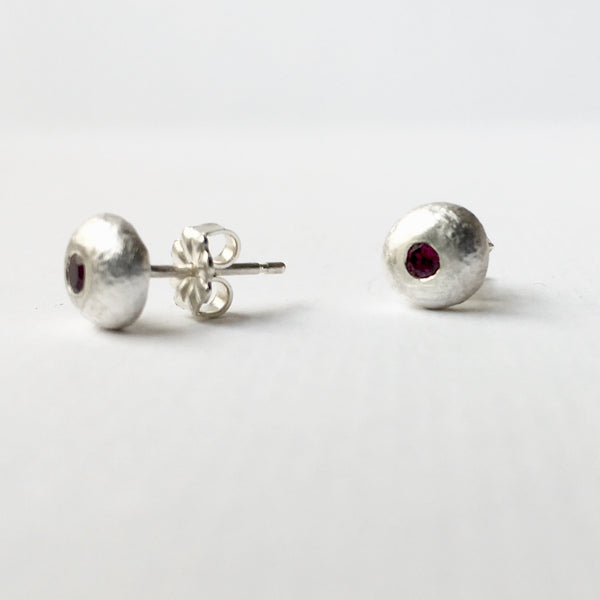 Flush set 2.5 mm red garnet (option 4) recycled silver ball studs by Michele Wyckoff Smith, Wyckoff Smith Jewellery