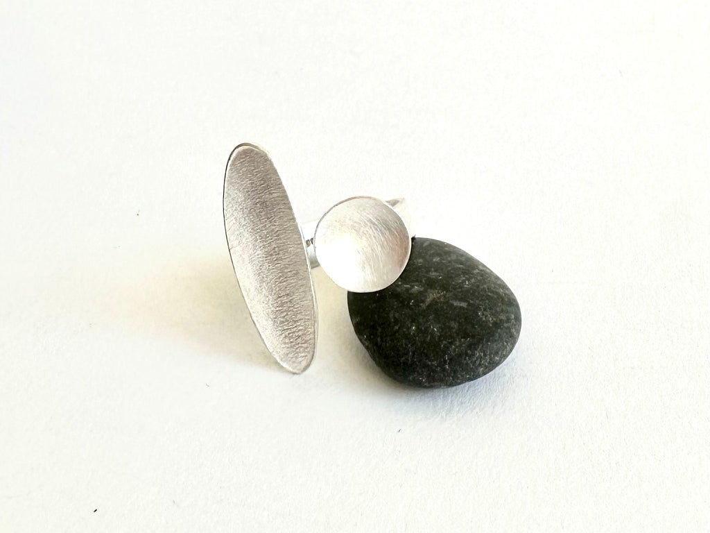 Domed Circle and Textured Oval Adjustable Silver Ring - Style 5