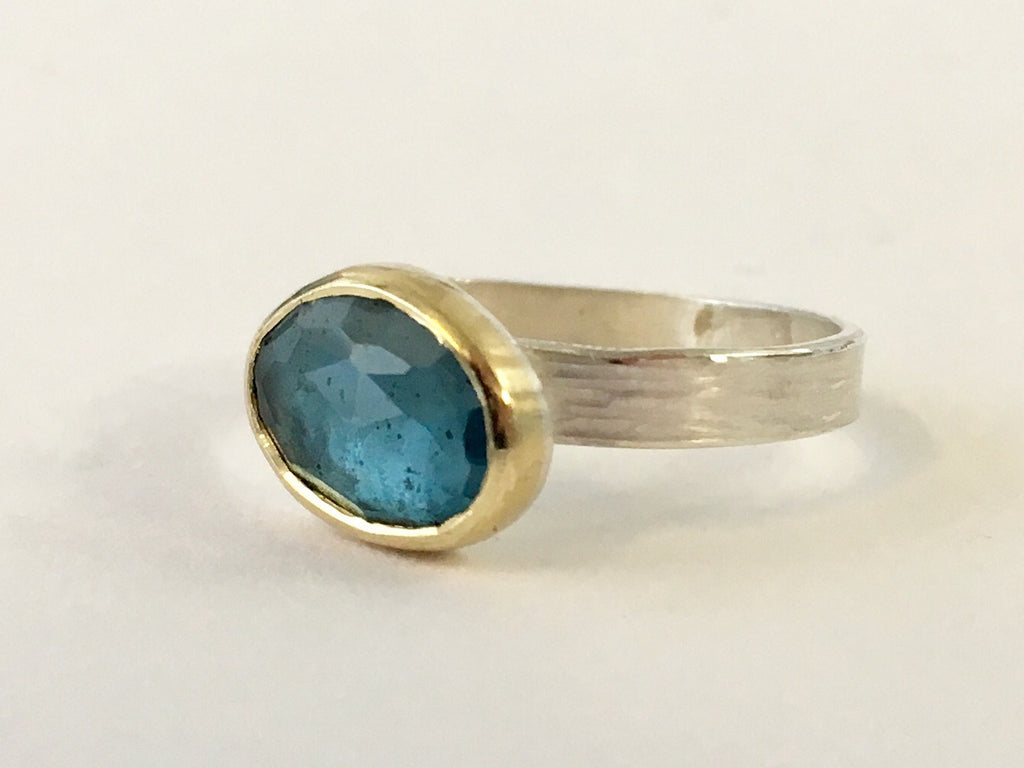 London Blue Topaz ring in silver and 18 ct gold by Wyckoff Smith Jewellery