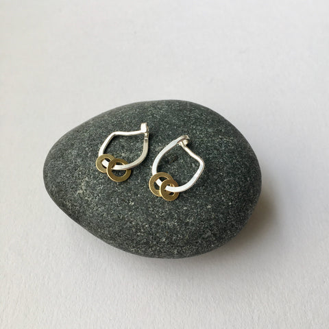Small Hammered Silver Hoop Earrings with 18 ct gold dangles