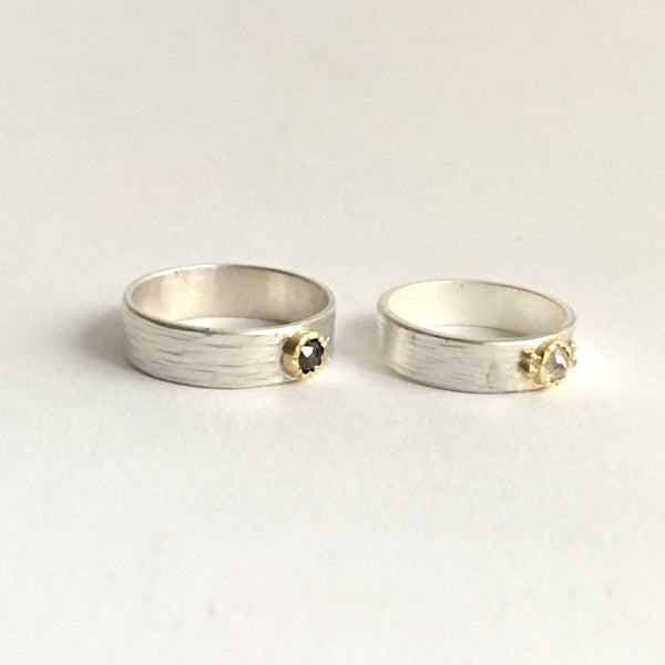 Side by side rose cut diamond rings set in 18 ct gold  on wide silver bands - www.wyckoffsmith.com