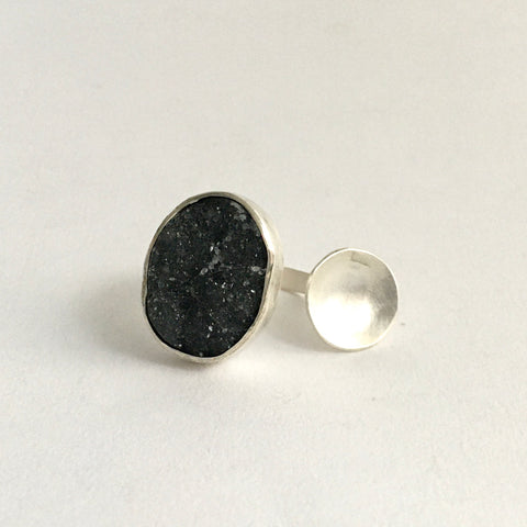 Oval black druzy with a domed circle adjustable ring on www.wyckoffsmith.com