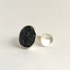 Large Black Druzy Adjustable Silver Ring